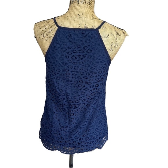 ROMEO and Juliet Lace Boho Tank Top Navy Keyhole Tassel Blouse - Picture 5 of 8